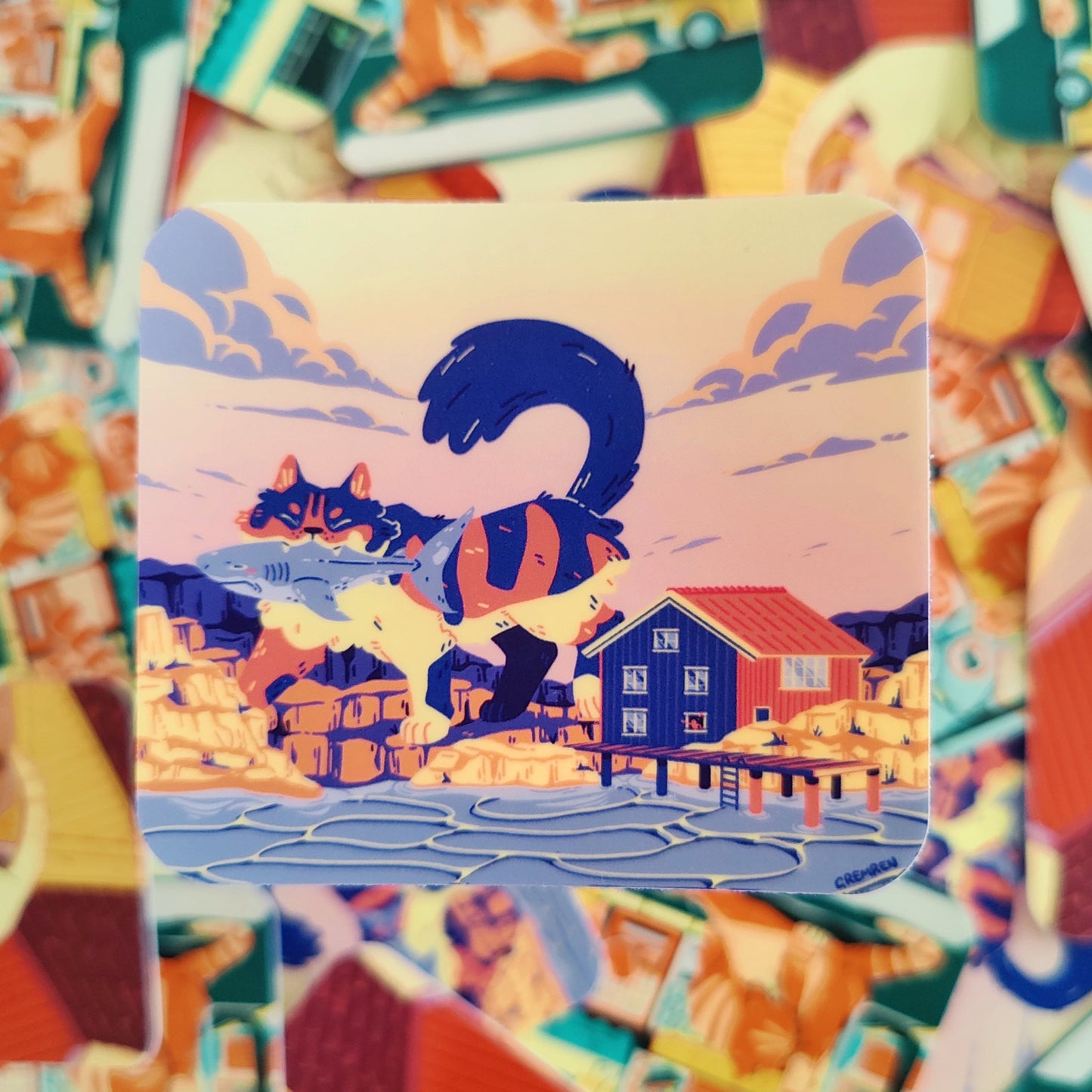 Catch Of The Day Cat Waterproof Matte Vinyl Sticker