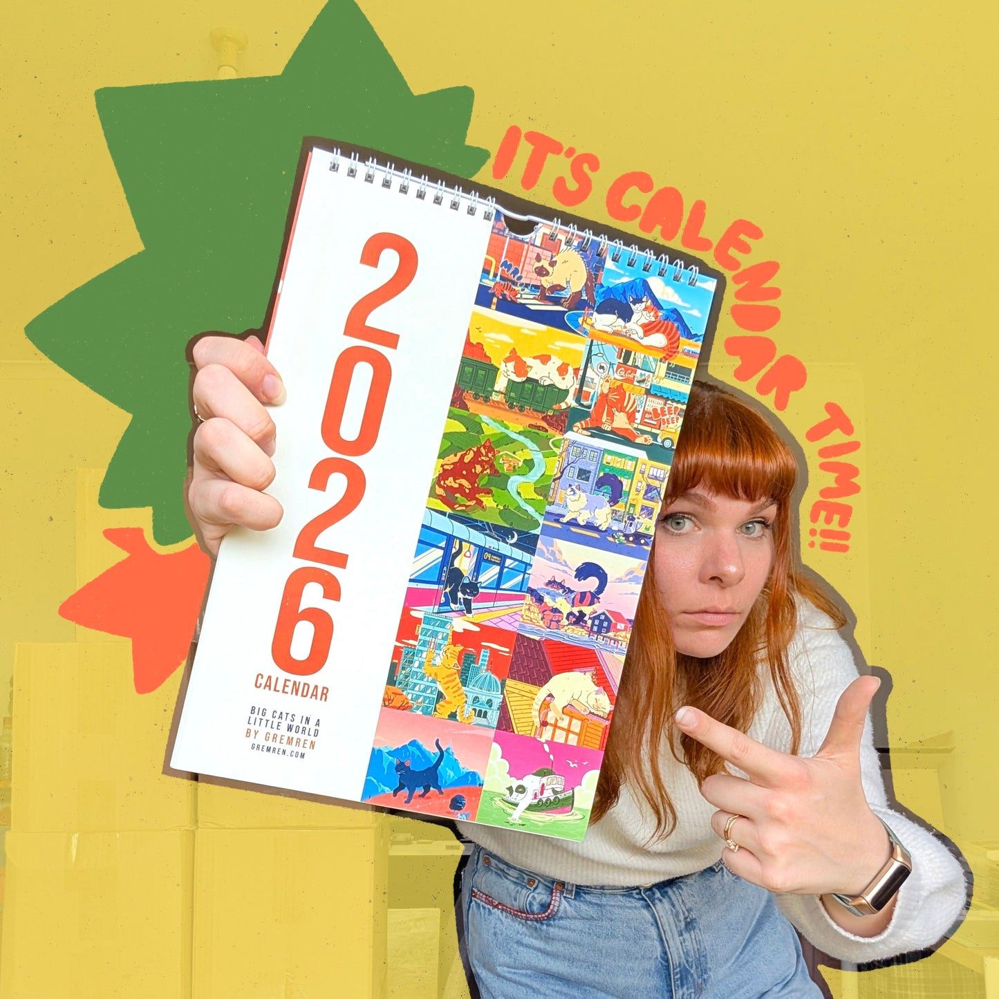 Person holding a colorful 2026 calendar against a yellow background with decorative elements.
