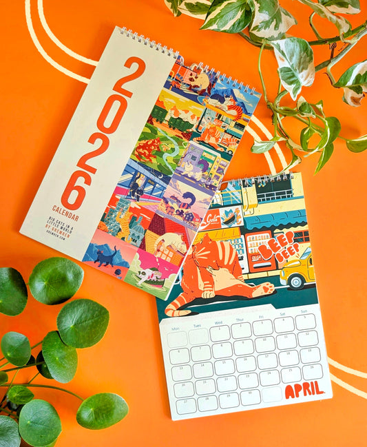 Colorful 2026 calendar on an orange background with plants.