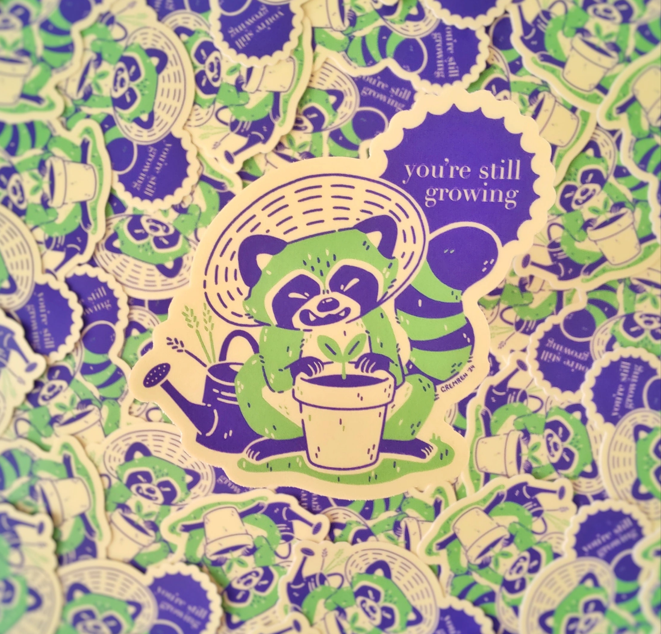 Still Growing Raccoon Waterproof Matte Vinyl Sticker