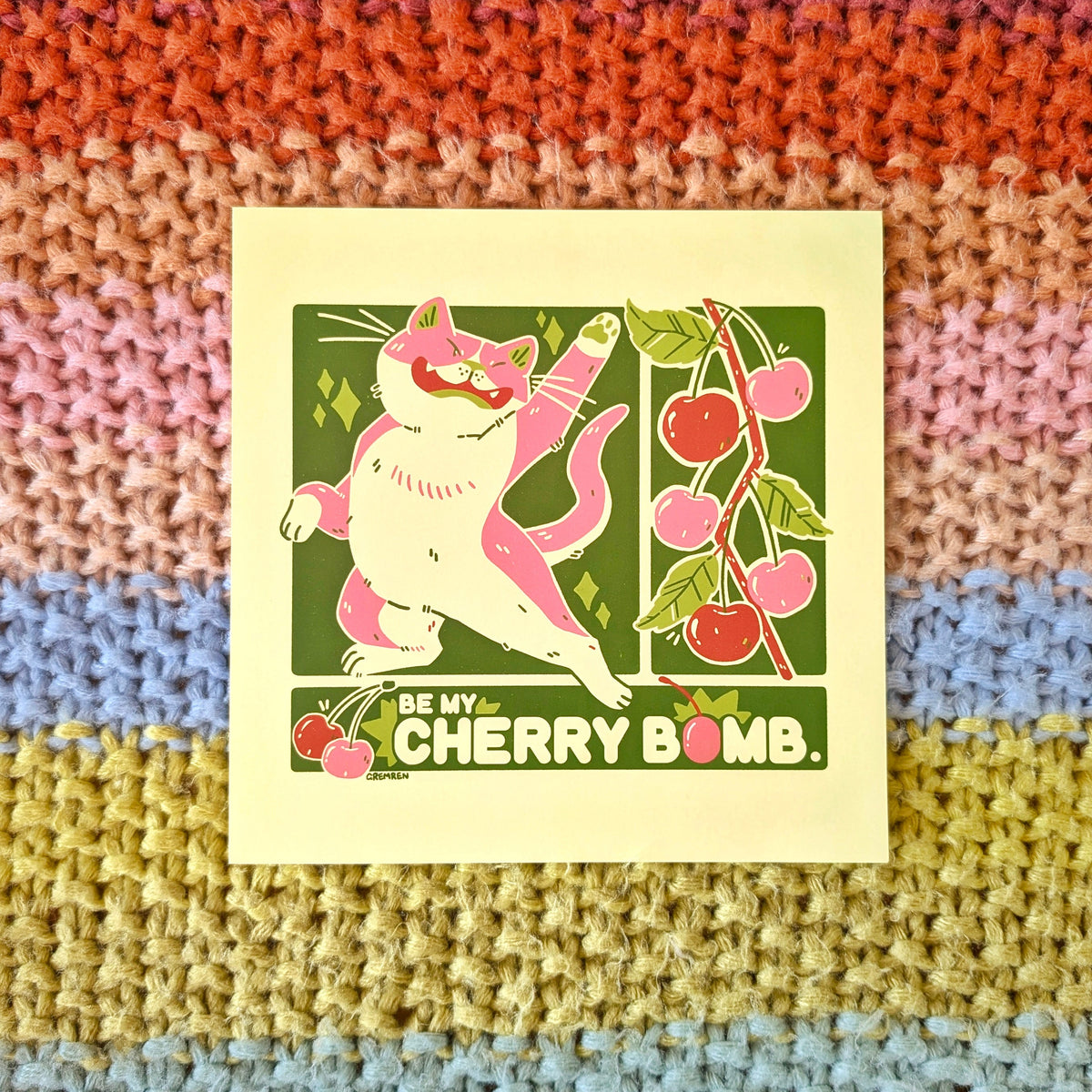 Cherry Bomb Cat Large Square Print