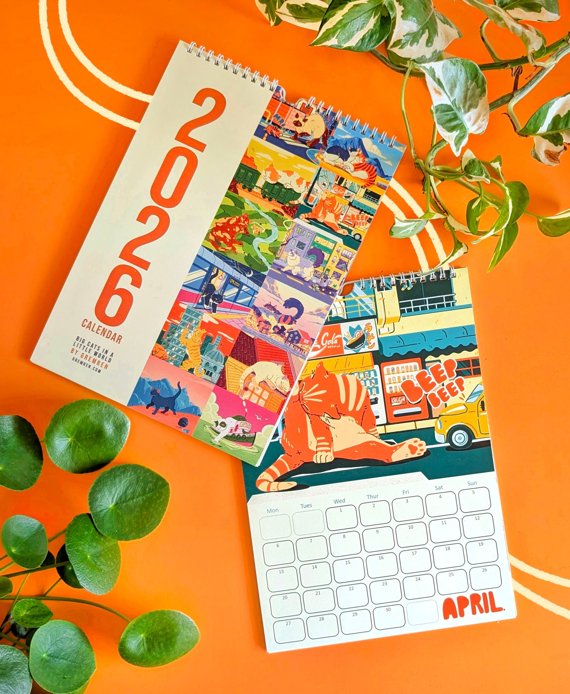 Colorful 2026 calendar on an orange background with plants.
