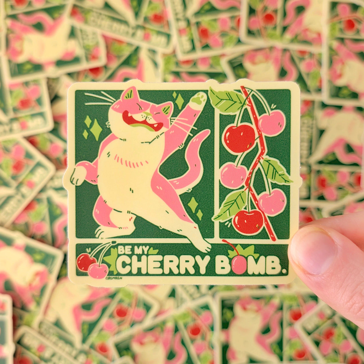 Cherry Bomb Cat Waterproof Matte Vinyl Sticker