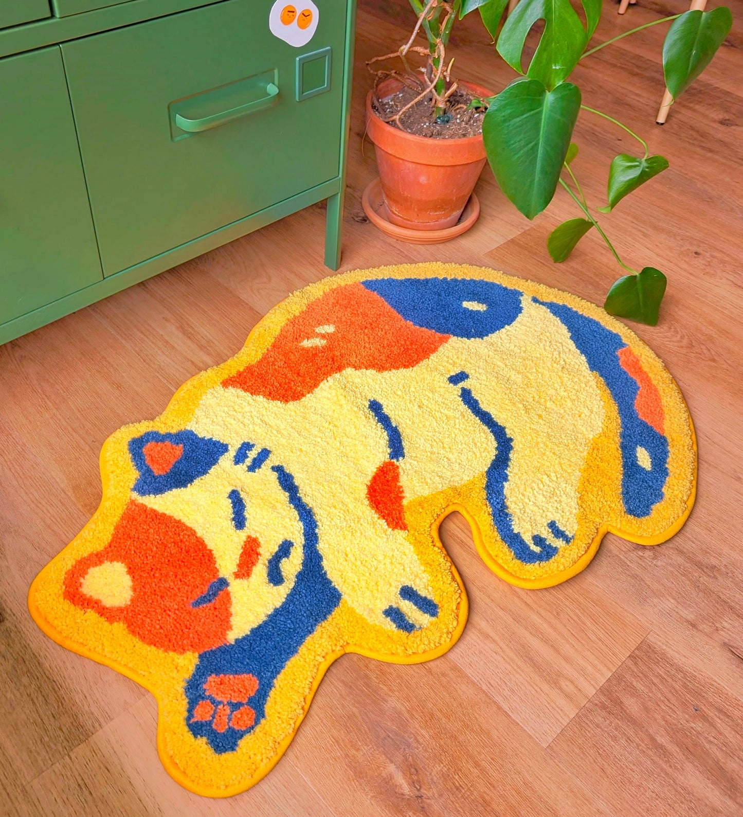 Colorful cat-shaped rug on a wooden floor with a green cabinet and plant in the background.