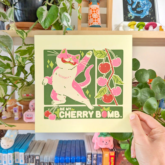 Cherry Bomb Cat Large Square Print