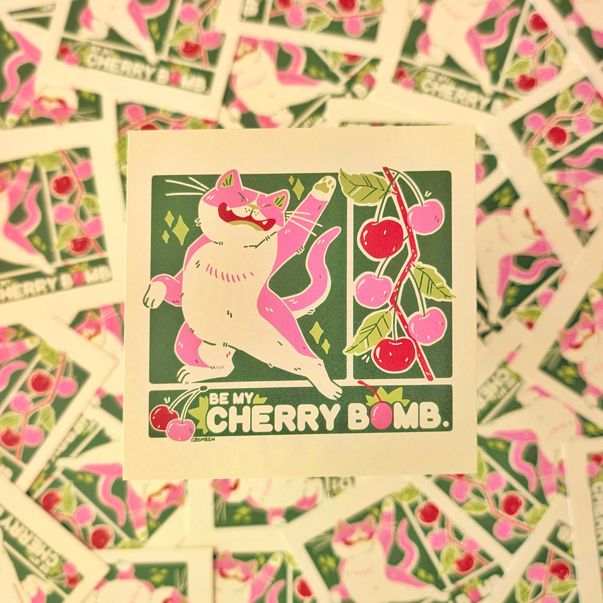 Cherry Bomb Cat Mini Square Print