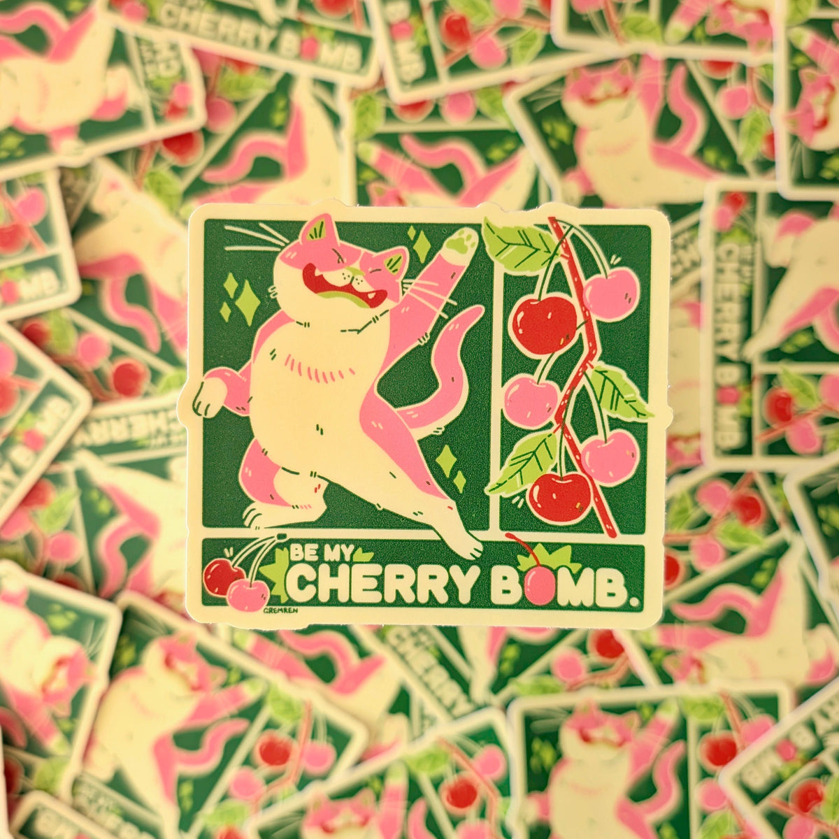 Cherry Bomb Cat Waterproof Matte Vinyl Sticker
